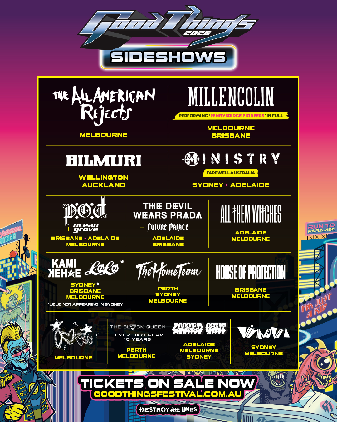 Good Things 2026 Sideshows festival poster listing touring acts including The All-American Rejects, Millencolin, Bilmuri, Ministry, and P.O.D.